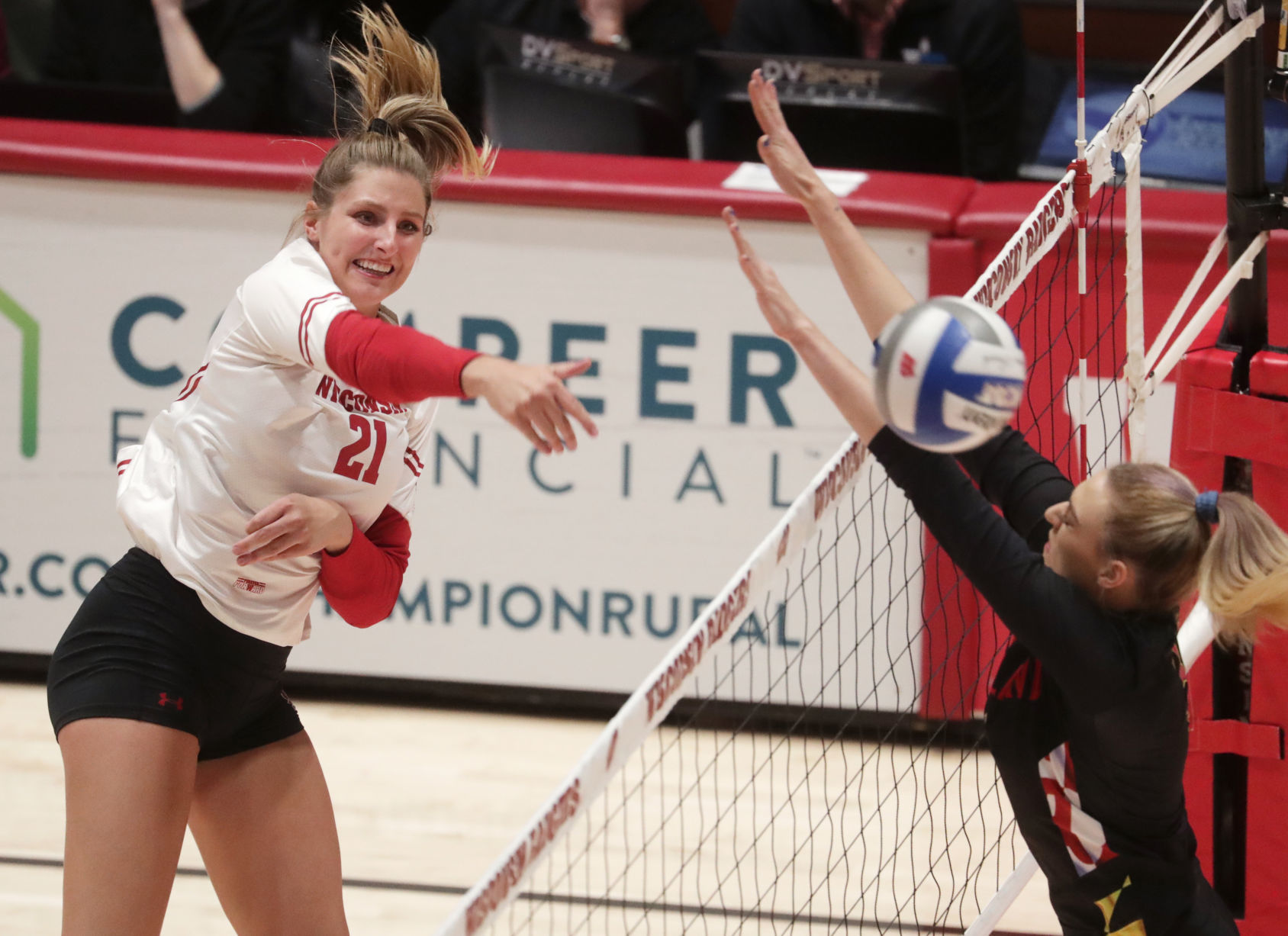 Wisconsin competes against Maryland in a women's volleyball match at the UW Field House